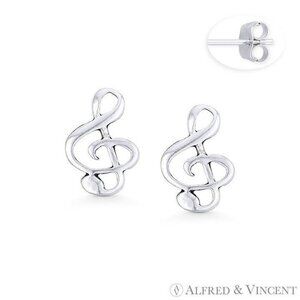 G-Clef Music Note Charm Stud Earrings in Oxidized .925 Sterling Silver